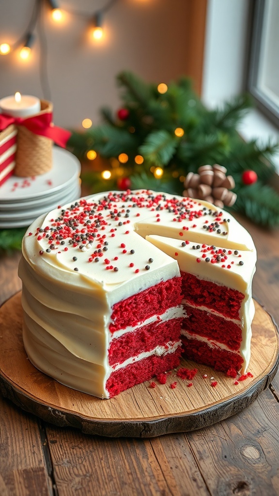 A stunning red velvet cake with cream cheese frosting and festive decorations, served on a wooden table.